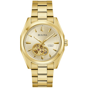 Bulova Surveyor Automatic 97A182 men's watch with a sunburst champagne dial, gold-tone hour markers, luminescent hands, and a gold-tone stainless steel bracelet—front view.