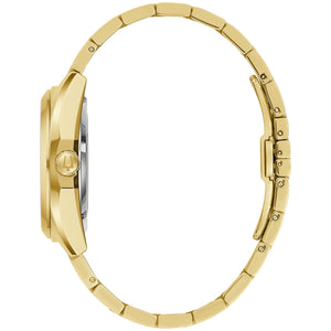 Side profile of the Bulova 97A182, highlighting the sculpted edges of the gold-tone stainless steel case and the sleek design of the bracelet.