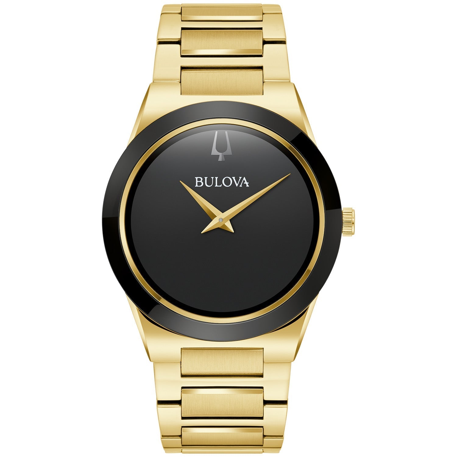 Bulova Millennia 97A183 men's watch featuring a 41mm gold-tone stainless steel case, minimalist black dial, and a matching gold-tone stainless steel bracelet—front view.