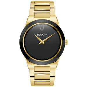 Bulova Millennia 97A183 men's watch featuring a 41mm gold-tone stainless steel case, minimalist black dial, and a matching gold-tone stainless steel bracelet—front view.