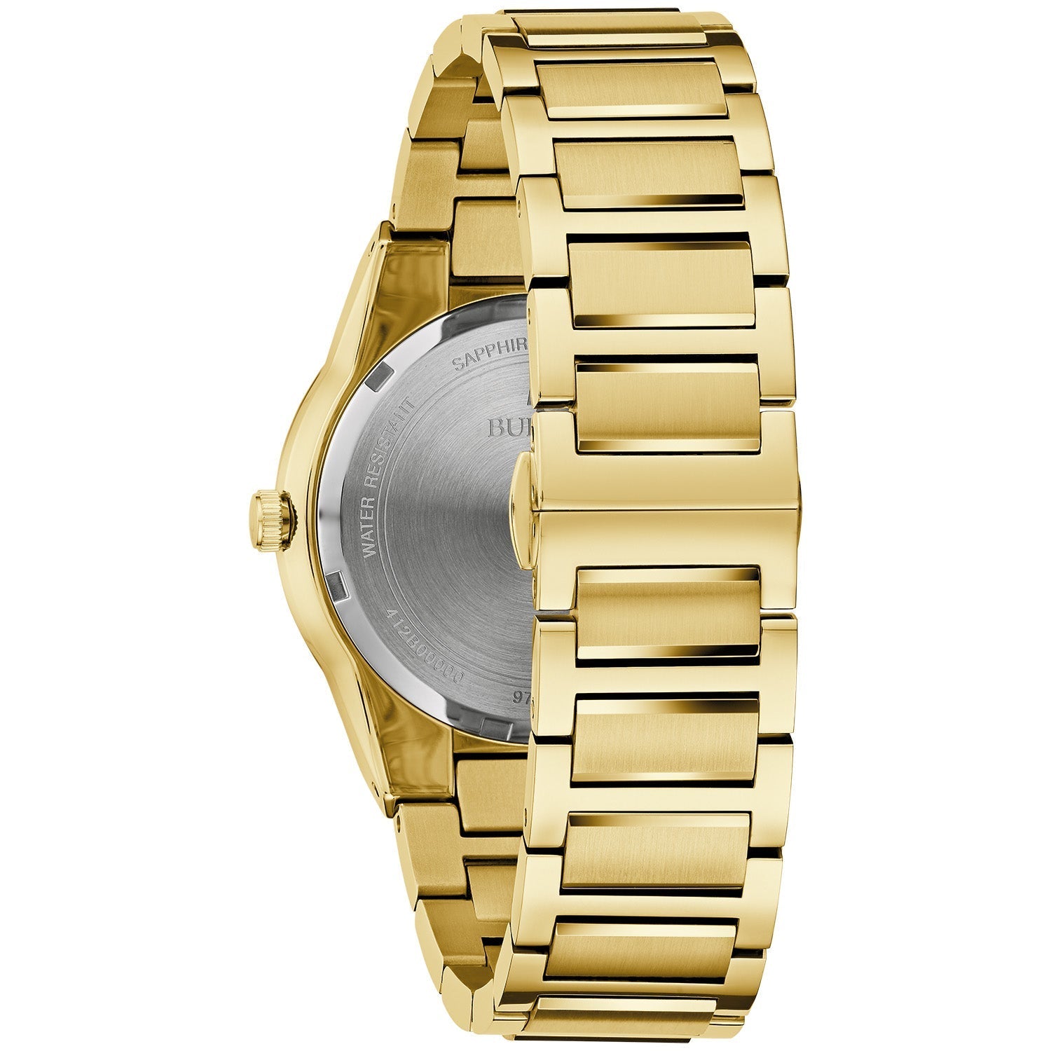 Rear view of the Bulova Millennia 97A183, showcasing the stainless steel case back and bracelet clasp.