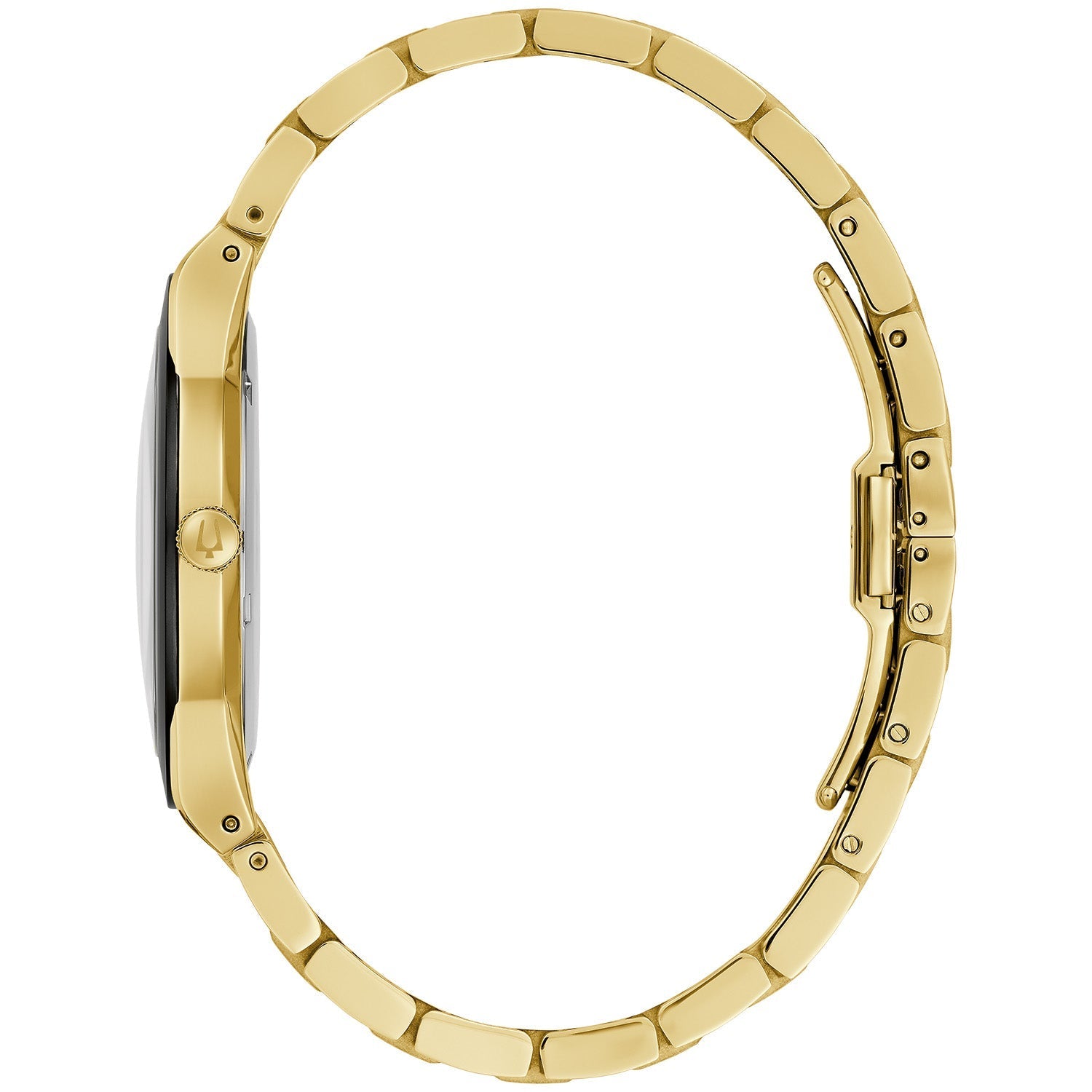 Side profile of the Bulova 97A183, highlighting the metalized domed edge-to-edge sapphire crystal and sleek bezel design.