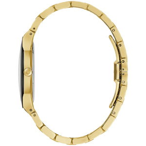 Side profile of the Bulova 97A183, highlighting the metalized domed edge-to-edge sapphire crystal and sleek bezel design.