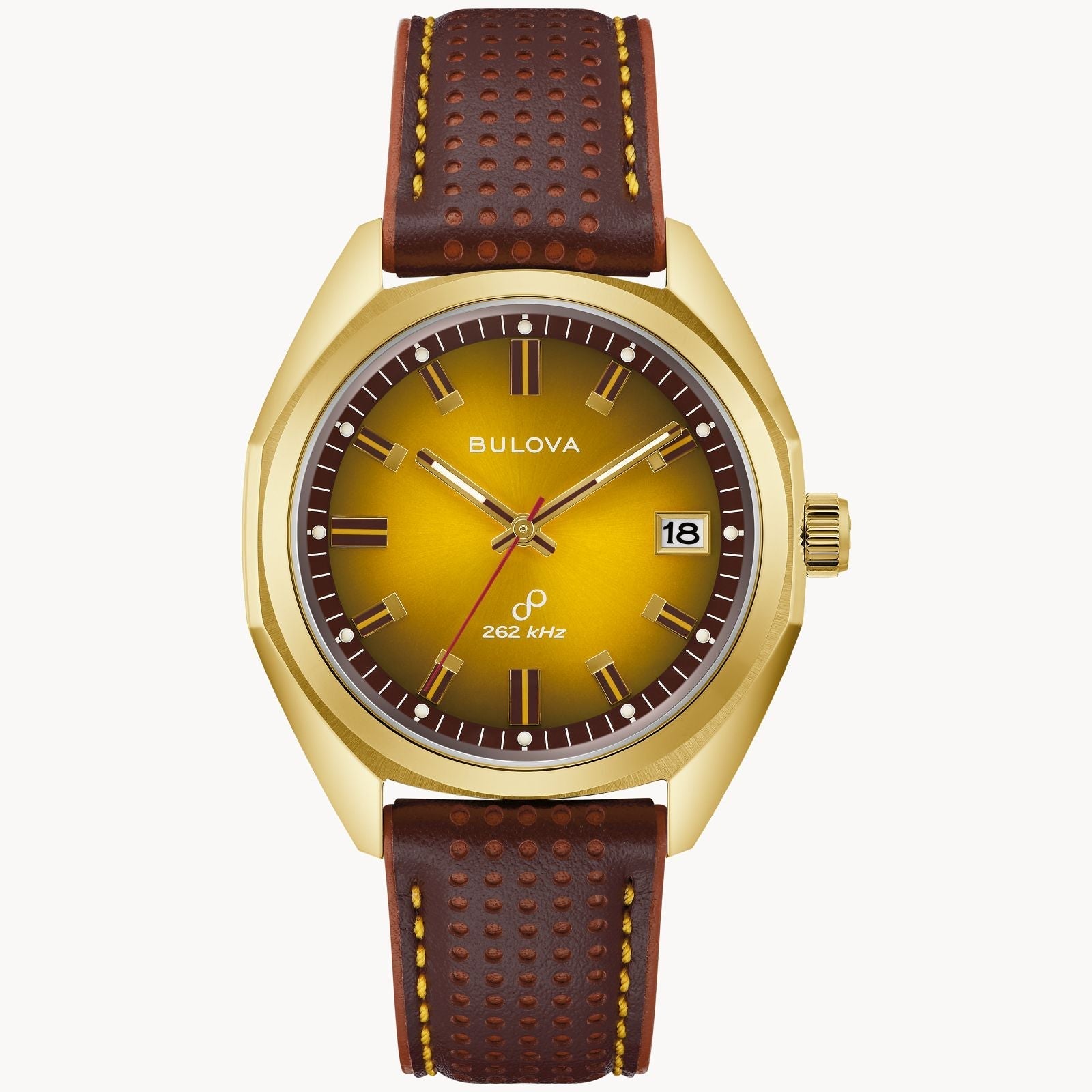 Front view of the Bulova Jet Star 97B214 showcasing its gold-tone stainless steel case and butterscotch sunburst dial.