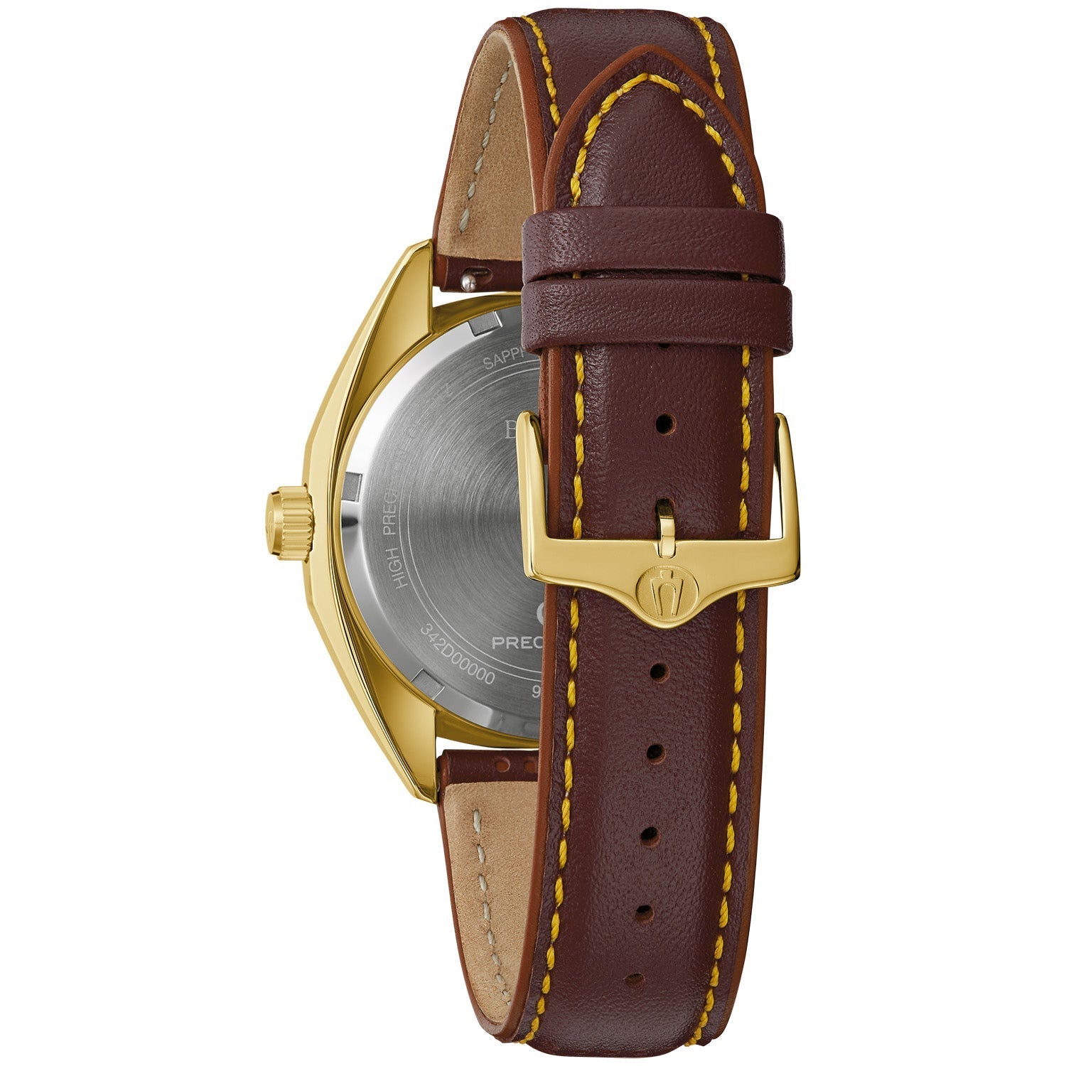 Back view of the Bulova Jet Star 97B214 displaying the perforated brown leather strap and clasp.