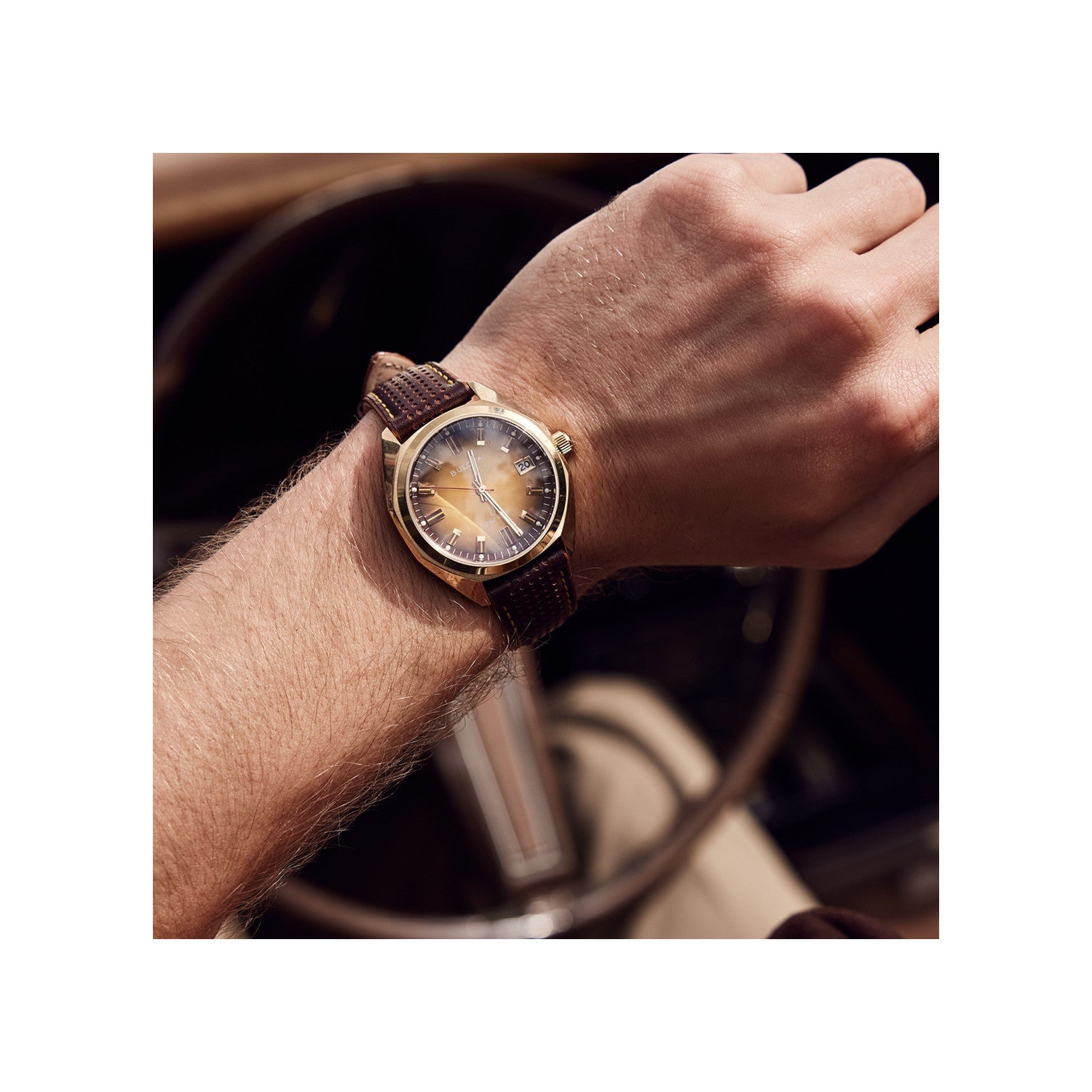 Model wearing the Bulova 97B214, demonstrating its elegant presence on the wrist.