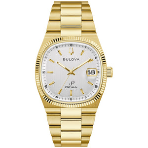 Bulova 97B223 front view showing gold-tone stainless steel case and bracelet with silver vertical brushed dial, gold-tone hands and markers, and date magnifier.