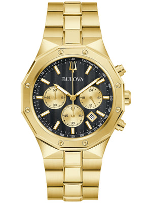 ulova Prestige Men's Chronograph Watch 97B232 featuring a 40mm gold-tone stainless steel case with a black textured dial—front view.​