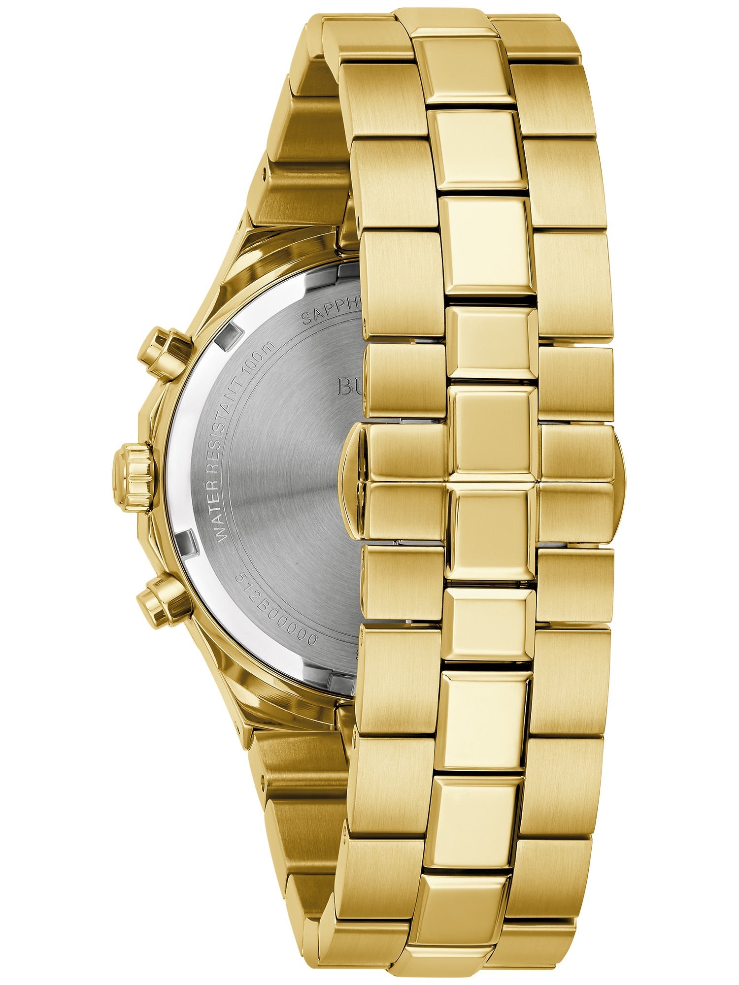 Close-up of the push-button deployant clasp on the Bulova Prestige Men's Chronograph Watch 97B232.