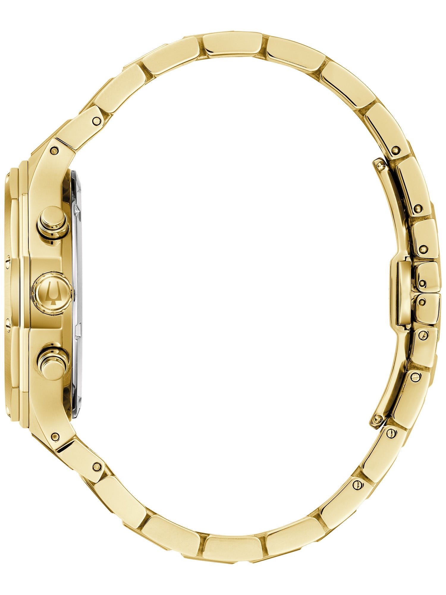 Side profile of the Bulova 97B232 showcasing the gold-tone stainless steel case and bracelet.
