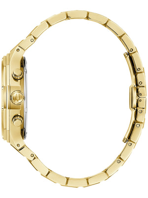 Side profile of the Bulova 97B232 showcasing the gold-tone stainless steel case and bracelet.