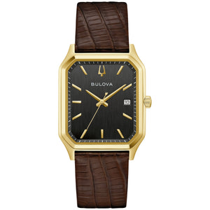 Bulova 97B235 front view showing gold-tone stainless steel case, vertically brushed black dial with gold-tone hands and markers, and brown embossed leather strap.