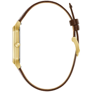 Side profile of Bulova 97B235 displaying slim 32 mm gold-tone case and polished faceting against the brown Teju lizard strap.