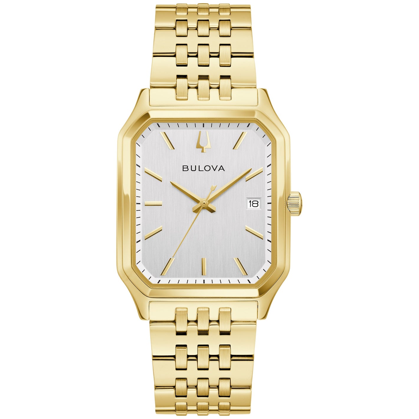 Bulova 97B236 gold-tone stainless steel watch front view with vertically brushed silver dial and gold-tone hands and markers.