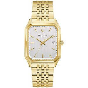 Bulova 97B236 gold-tone stainless steel watch front view with vertically brushed silver dial and gold-tone hands and markers.