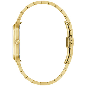 Side profile of Bulova 97B236 showcasing the refined 32 mm gold-tone case profile and integrated bracelet.