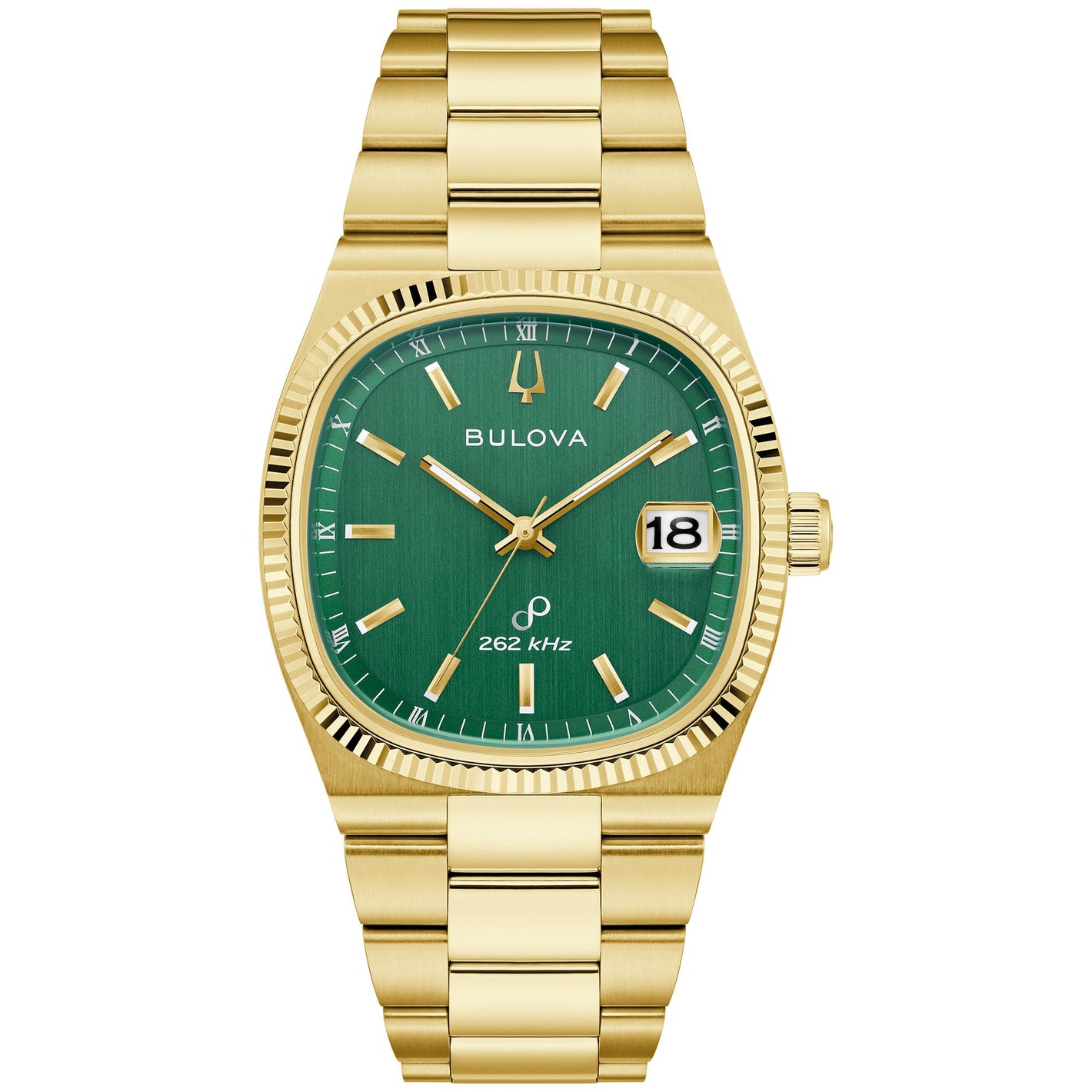 Front view of Bulova 97B237 showing gold-tone stainless steel case and integrated bracelet with green vertical-brushed dial, polished gold-tone hands and markers, and date at 3 o’clock.