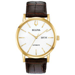 Bulova Classic Automatic 97C107 front view showcasing the 42mm yellow gold-tone stainless steel case, white dial with gold-tone hands, and day/date display at 3 o'clock.