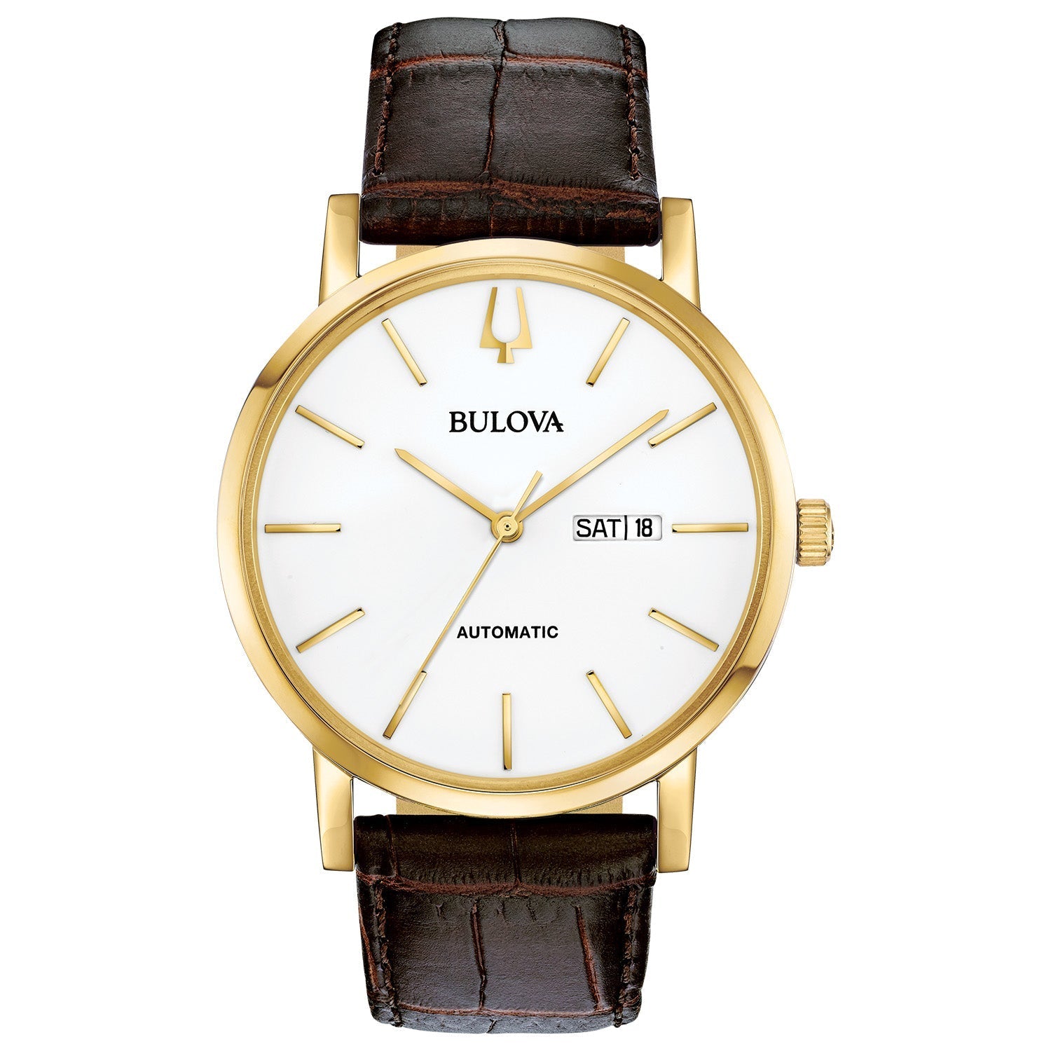 Bulova Classic Automatic 97C107 front view showcasing the 42mm yellow gold-tone stainless steel case, white dial with gold-tone hands, and day/date display at 3 o'clock.
