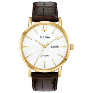 Bulova Classic Automatic 97C107 front view showcasing the 42mm yellow gold-tone stainless steel case, white dial with gold-tone hands, and day/date display at 3 o'clock.