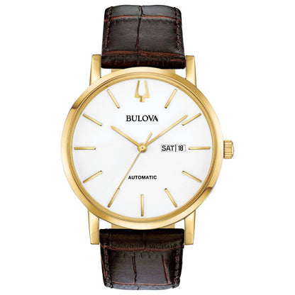 Bulova Classic Automatic 97C107 front view showcasing the 42mm yellow gold-tone stainless steel case, white dial with gold-tone hands, and day/date display at 3 o'clock.