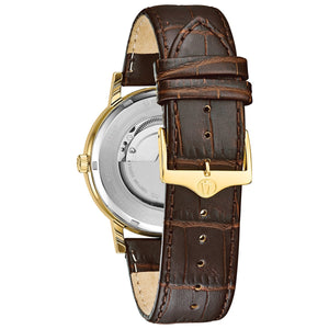  Back view of the Bulova Classic 97C107 displaying the transparent case back revealing the automatic movement and brown croco-embossed leather strap with three-piece closure.