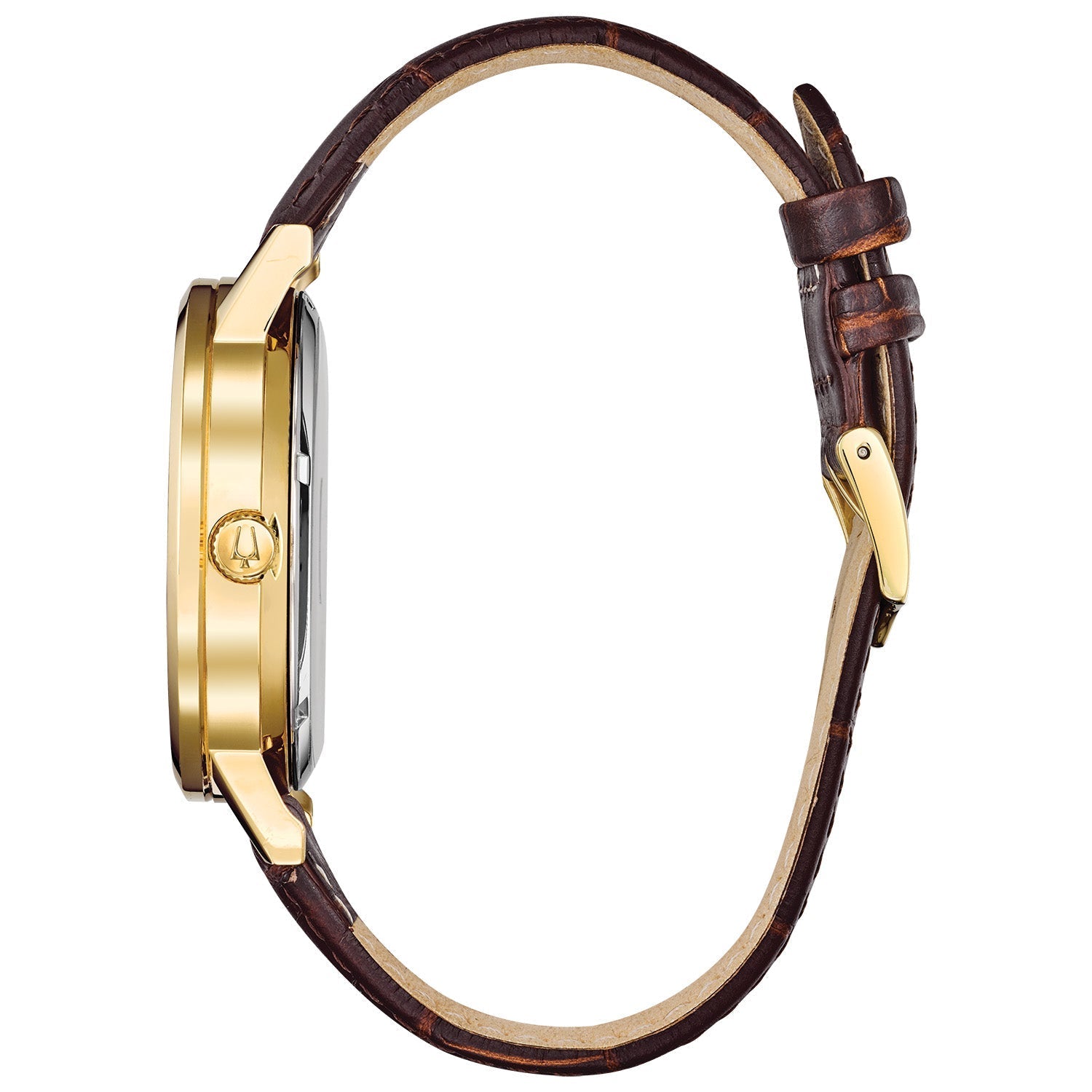  Side profile of the Bulova 97C107 highlighting the flat mineral glass and sleek gold-tone case design.