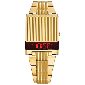 Bulova Computron 97C110 gold-tone stainless steel watch featuring a red LED display—front view.