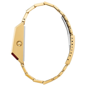 Side profile of Bulova Computron 97C110, highlighting the unique trapezoidal gold-tone case and red LED display.