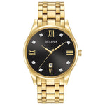  Front view of the Bulova 97D108 showcasing the 40mm gold-tone stainless steel case and black dial with eight diamond hour markers.