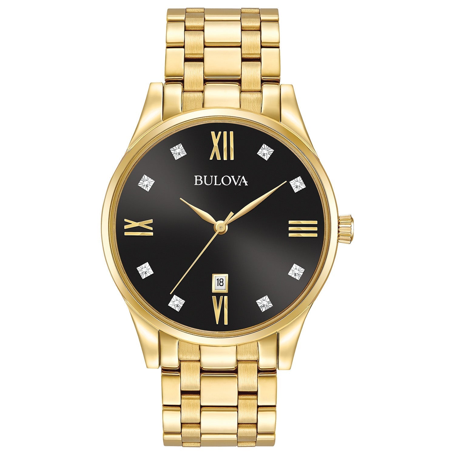  Front view of the Bulova 97D108 showcasing the 40mm gold-tone stainless steel case and black dial with eight diamond hour markers.