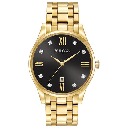  Front view of the Bulova 97D108 showcasing the 40mm gold-tone stainless steel case and black dial with eight diamond hour markers.
