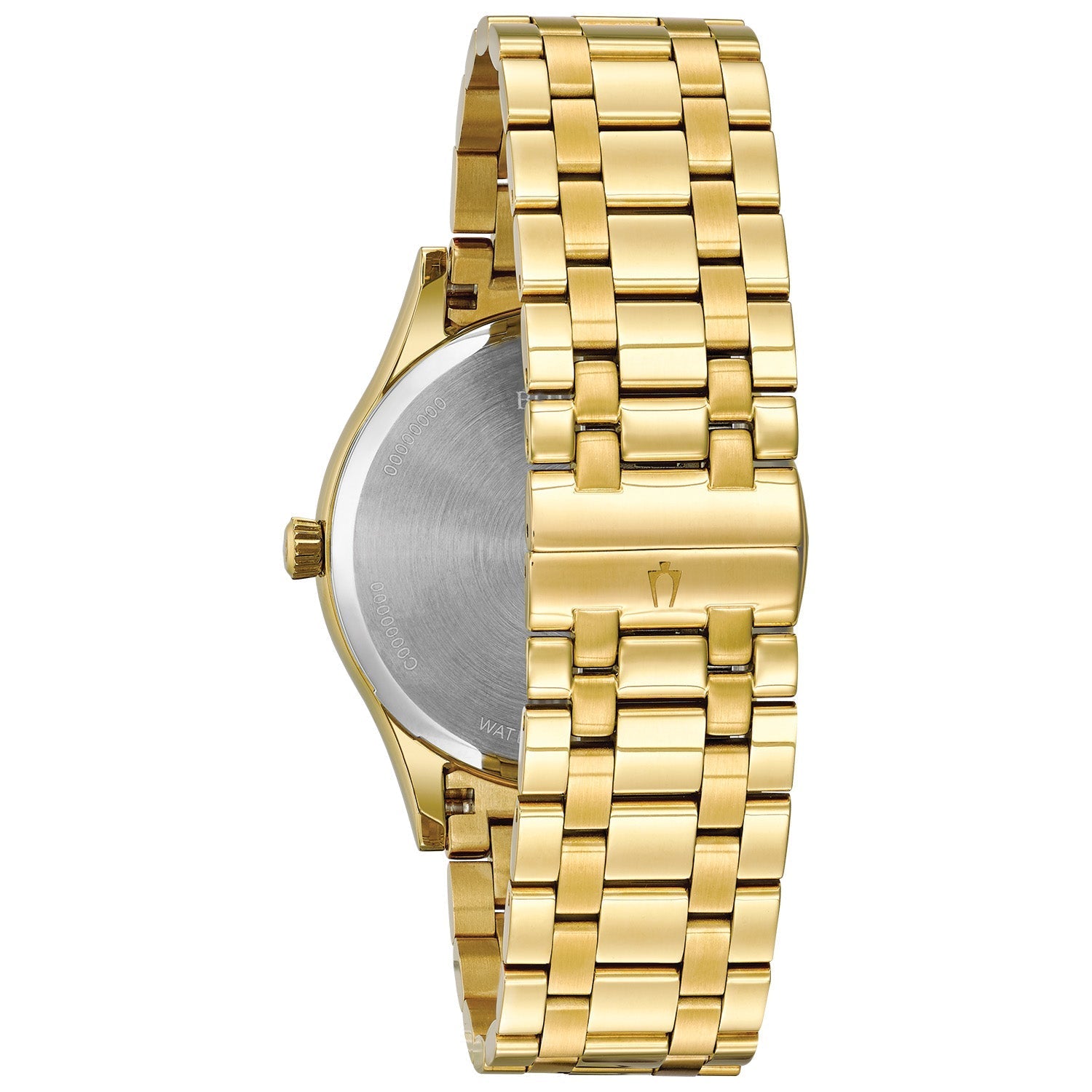 Back view of the Bulova 97D108 displaying the gold-tone stainless steel bracelet with double-press deployant closure.