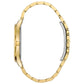 Side profile of the Bulova 97D108 highlighting the sleek gold-tone case and flat mineral crystal.