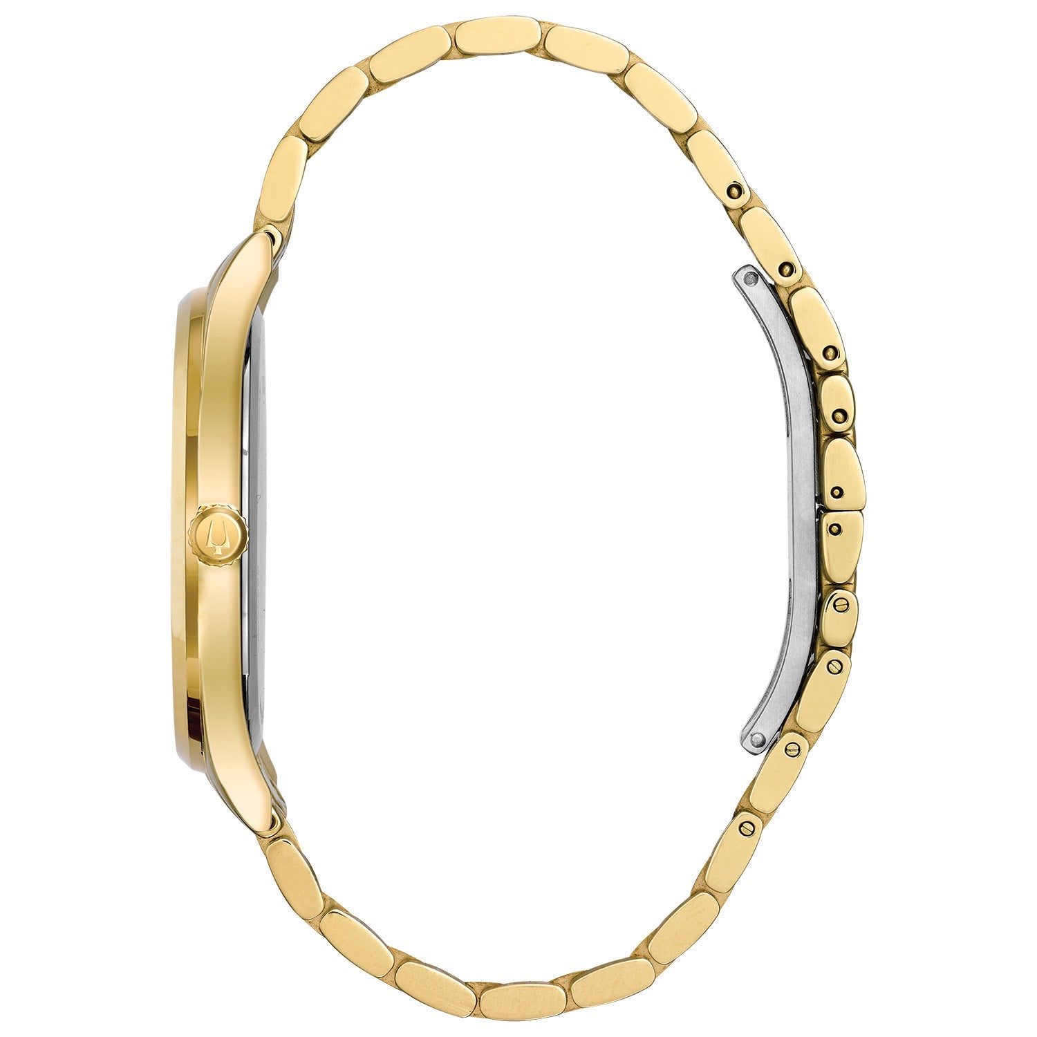 Side profile of the Bulova 97D108 highlighting the sleek gold-tone case and flat mineral crystal.