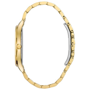 Side profile of the Bulova 97D108 highlighting the sleek gold-tone case and flat mineral crystal.