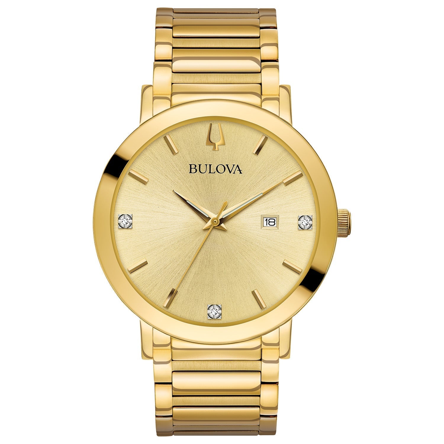 Front view of the Bulova Futuro 97D115 showcasing the 42mm gold-tone stainless steel case and champagne dial with three diamond hour markers.