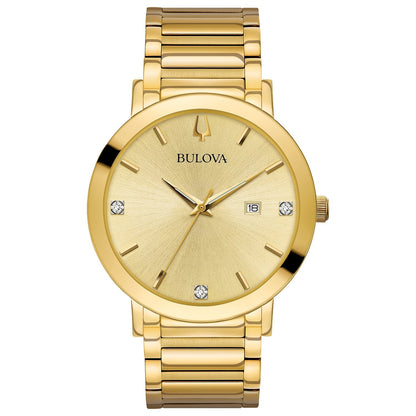 Front view of the Bulova Futuro 97D115 showcasing the 42mm gold-tone stainless steel case and champagne dial with three diamond hour markers.