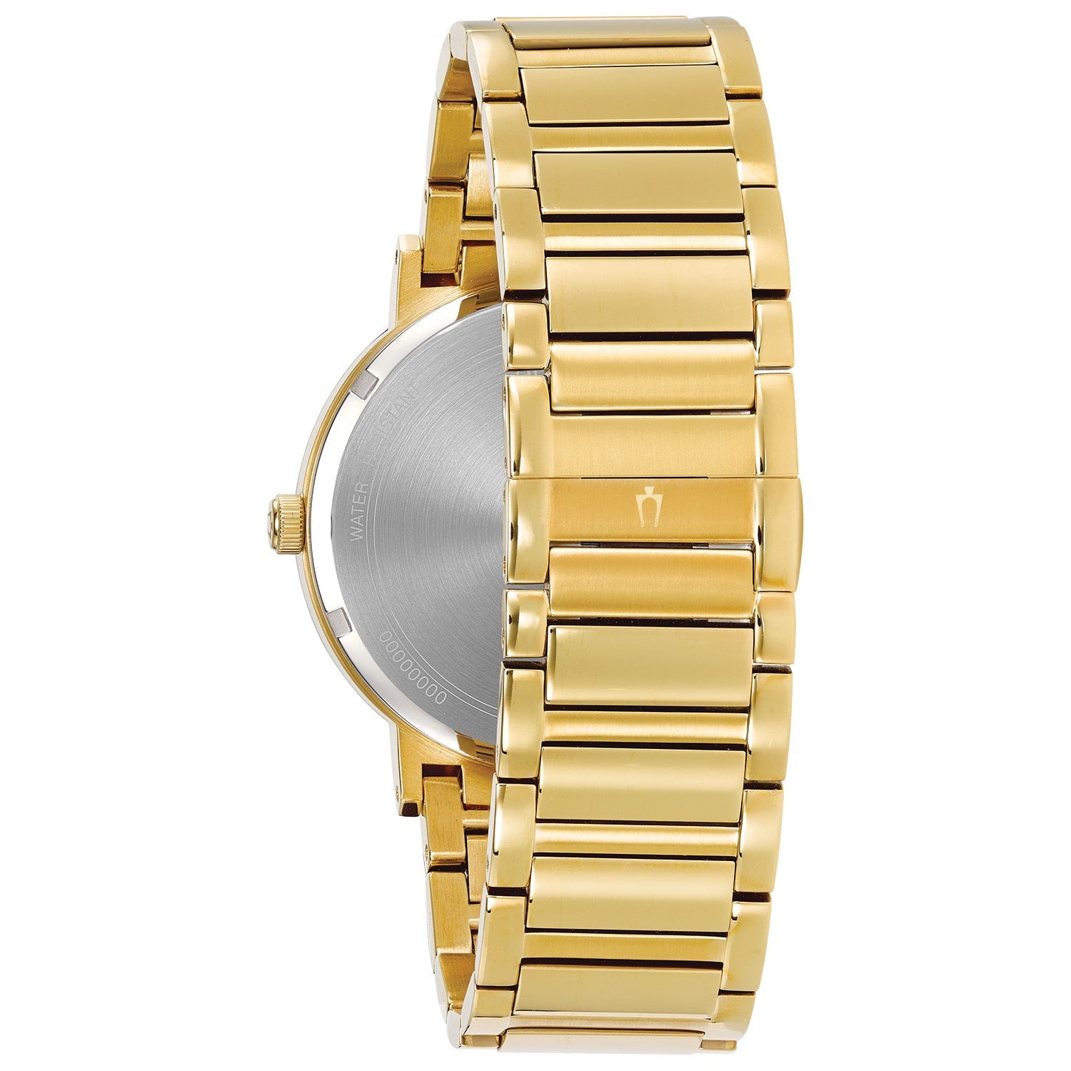 Back view of the Bulova Futuro 97D115 displaying the screw-back case and gold-tone stainless steel bracelet with deployant closure.