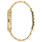 Side profile of the Bulova 97D115 highlighting the metalized edge-to-edge curved crystal and sleek gold-tone case design.