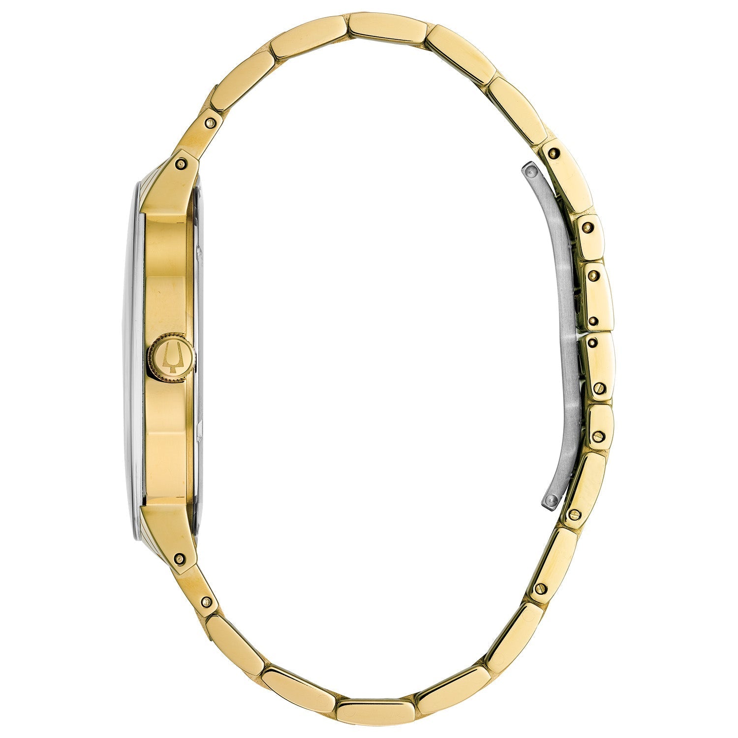 Side profile of the Bulova 97D115 highlighting the metalized edge-to-edge curved crystal and sleek gold-tone case design.