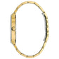 All BulSide profile of the Bulova 97D116 highlighting the metalized edge-to-edge curved crystal and sleek gold-tone case design.ova Watches