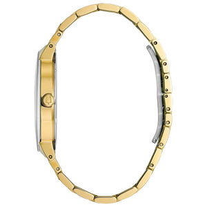 All BulSide profile of the Bulova 97D116 highlighting the metalized edge-to-edge curved crystal and sleek gold-tone case design.ova Watches