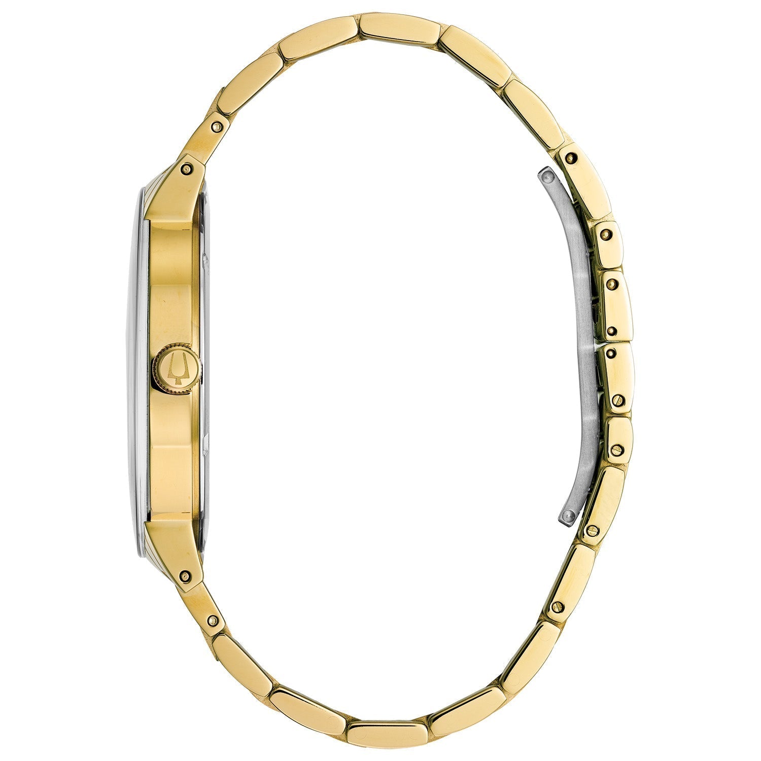 All BulSide profile of the Bulova 97D116 highlighting the metalized edge-to-edge curved crystal and sleek gold-tone case design.ova Watches