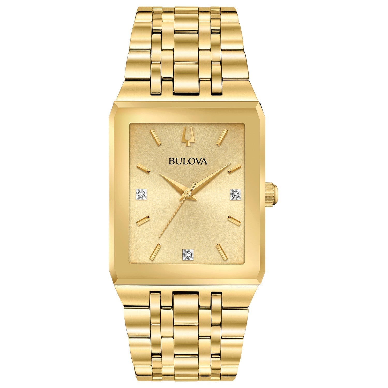Bulova Quadra 97D120 gold-tone rectangular watch with a champagne dial and three diamond accents—front view.