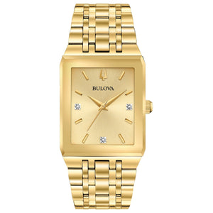 Bulova Quadra 97D120 gold-tone rectangular watch with a champagne dial and three diamond accents—front view.