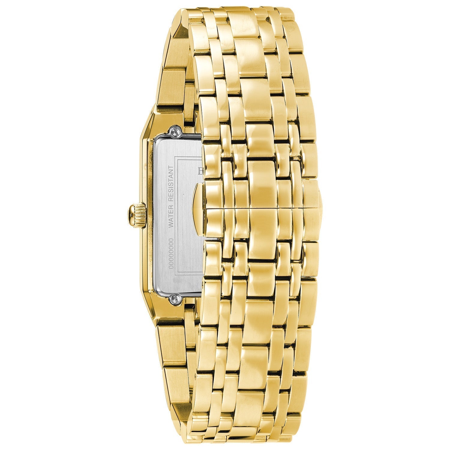 Back view of Bulova Quadra 97D120, showcasing the stainless steel case back and gold-tone bracelet with deployant clasp.