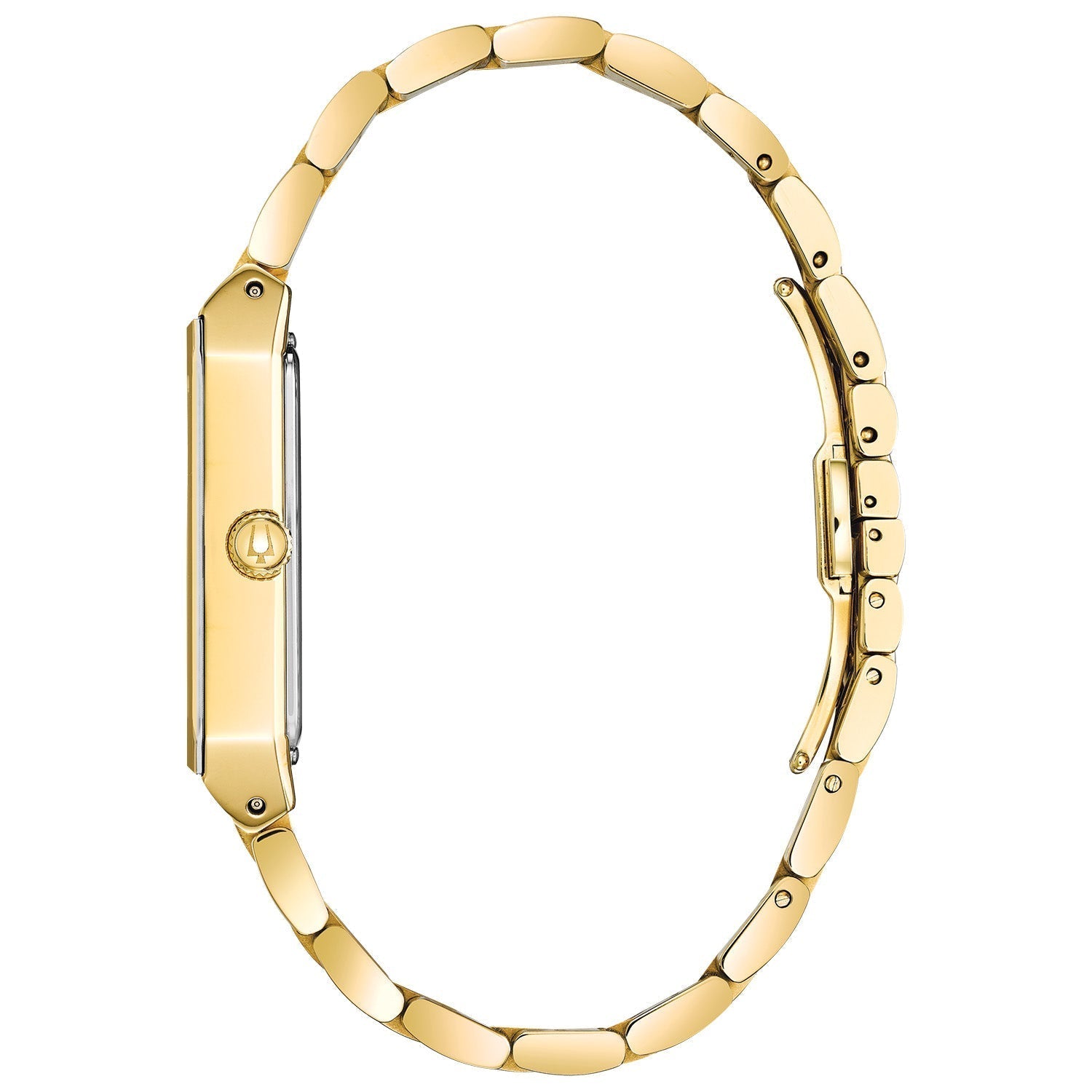 Side profile of Bulova Quadra 97D120, highlighting the gold-tone case and edge-to-edge faceted metalized mineral crystal.
