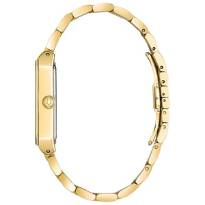 Side profile of Bulova Quadra 97D120, highlighting the gold-tone case and edge-to-edge faceted metalized mineral crystal.