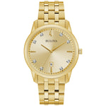 Bulova Sutton 97D123 men's watch featuring a gold-tone stainless steel case and bracelet, champagne dial with diamond hour markers, and date display at six o'clock—front view.